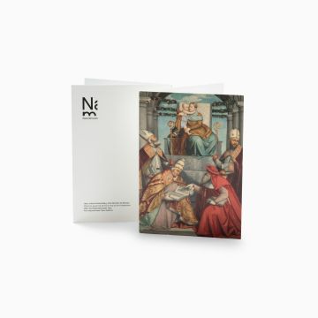 Kort med konvolutt. Hans Johan Frederik Berg, etter Moretto da Brescia, «Madonna og barnet på trone med de fire kirkefedrene»