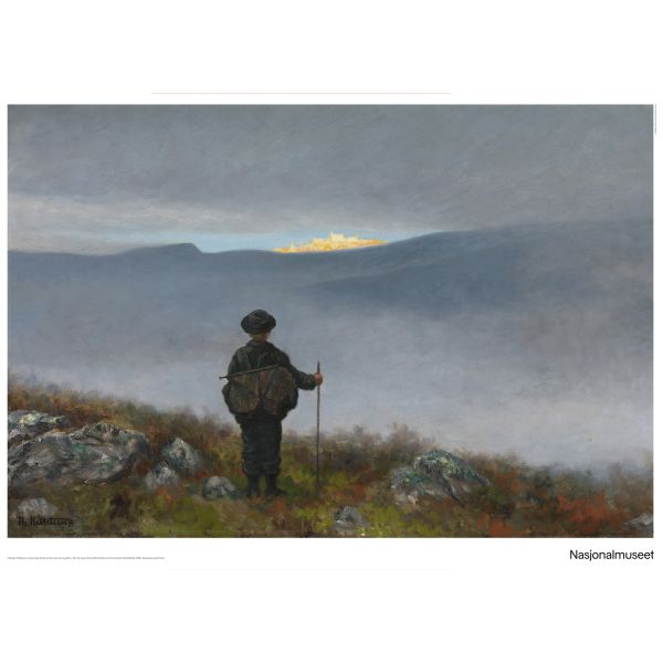 Plakat. 50 x 70 cm. Theodor Kittelsen, «Langt langt borte saa han noget lyse og glitre»