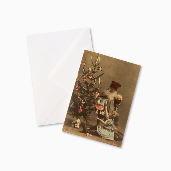 Kort med konvolutt. «Nisse, barn og juletre»