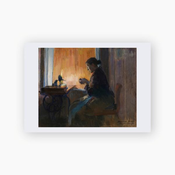 Postkort. Harriet Backer, «Syende kvinne ved lapelys»