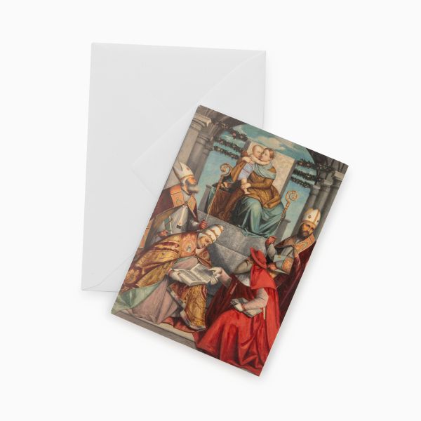 Kort med konvolutt. Hans Johan Frederik Berg, etter Moretto da Brescia, «Madonna og barnet på trone med de fire kirkefedrene»